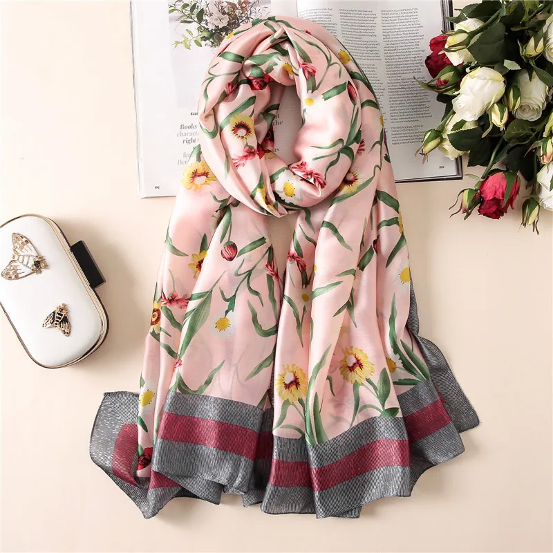 Модный шарф из чистого шелка, женский роскошный брендовый дизайнерский шарф с ромашками и цветочным принтом, натуральный шелк, шали, шарфы