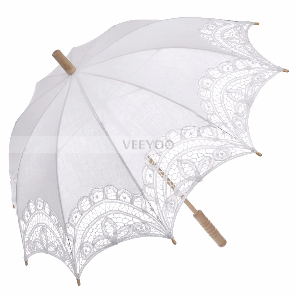 White/Black Vintage Cotton Sun Parasol Umbrella with Battenburg Lace