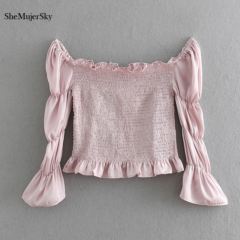 

SheMujerSky Summer Women Satin Ruffles Blouses Vintage Square Collar Elastic Ladies Tops Shirts 2019 blusas de mujer
