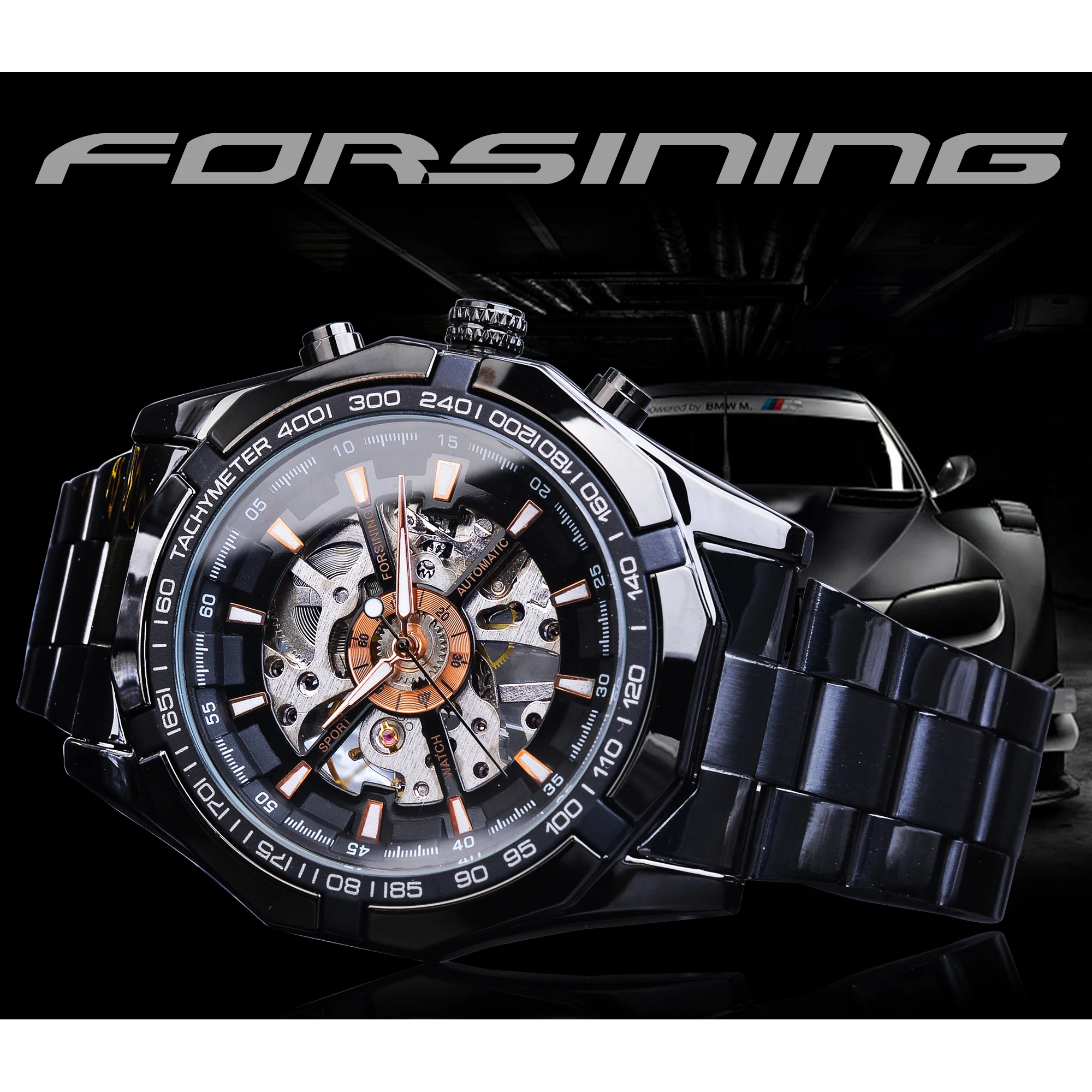 Forsining سباق الرياضة ساعة الذكور مضيئة أيدي الرجال الميكانيكية ووتش الأعلى العلامة التجارية الفاخرة وعاء من الستانليس ستيل الأسود Relogio Masculino