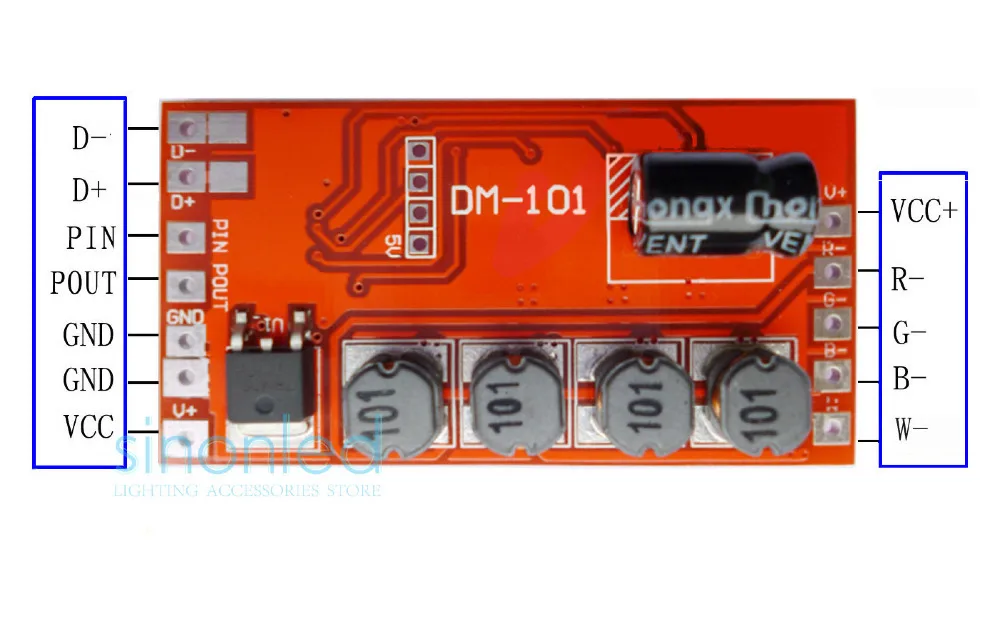 DM-101; 600ma* 4 канальный выход, 4 канала RGBW DMX постоянного тока декодер, DC12-24V вход переменного тока, DMX512/1990