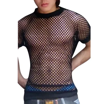 

Sales! Fashion Breathable Sexy Men's Black Fishnet TopsTransparent T-shirts Net Mesh Gay See-Thru Lounge Funny Shirt Undershirt