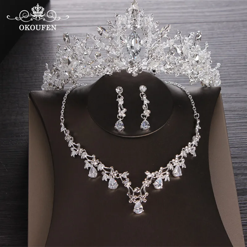 

OKOKFEN Luxury Rhinestone Jewelry Sets Necklace Pendant Tiaras Earrings For Women Pageant Wedding Crowns Bridal Hair Accessories