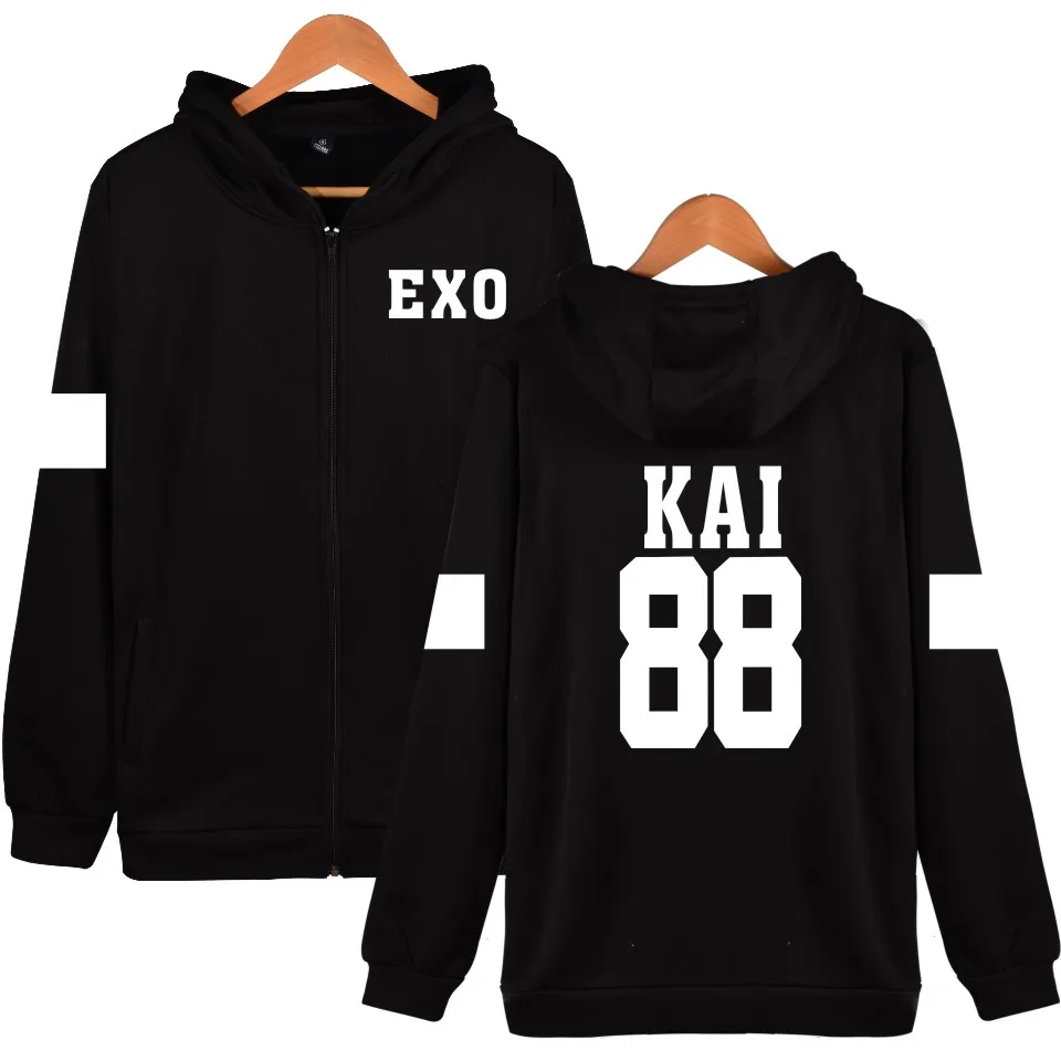 Г. 2D Kpop EXO на молнии с капюшоном для женщин/мужчин k-pops осенне-зимнее пальто Модная уличная одежда толстовки Повседневная одежда 4XL - Цвет: Black