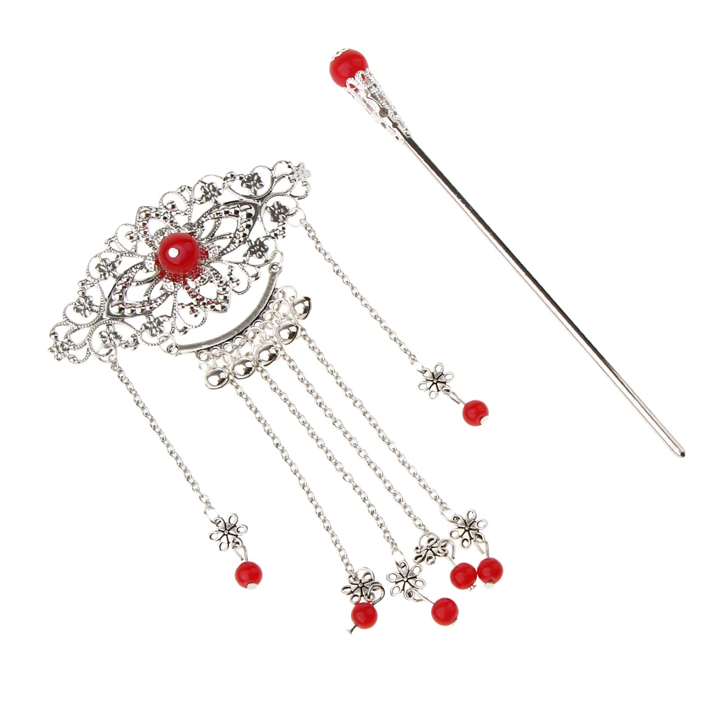 Womens Retro Traditional Chinese Wedding Floral Tassels Bells Hair Stick Chignon Chopsticks Headwear Jewelry