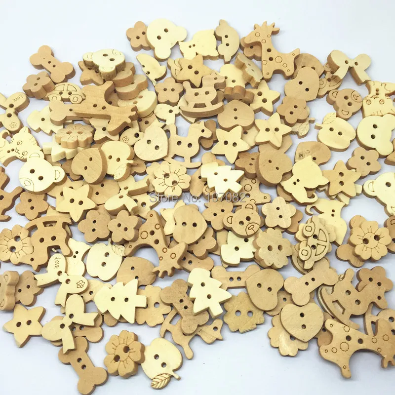 

100pcs Mixed Natural Cute Cartoon Wooden Buttons 12-25mm/pc 2 Holes Sewing Buttons Baby Crafts Toys Scrapbooking