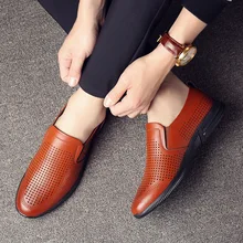 Прямая Для мужчин Летняя мода острый носок выдалбливают Кожаные слипоны сандалии мужские Повседневное Бизнес обтянутый носком сандалии Альфы