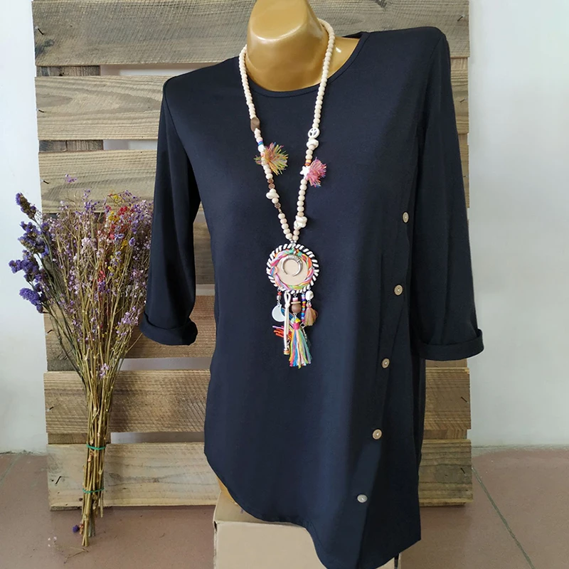 

Women O-neck Long Sleeve Button Solid 9 Colors Irregular Tops Tee Plus Size 5X New Casual Summer Autumn Slim T-Shirts