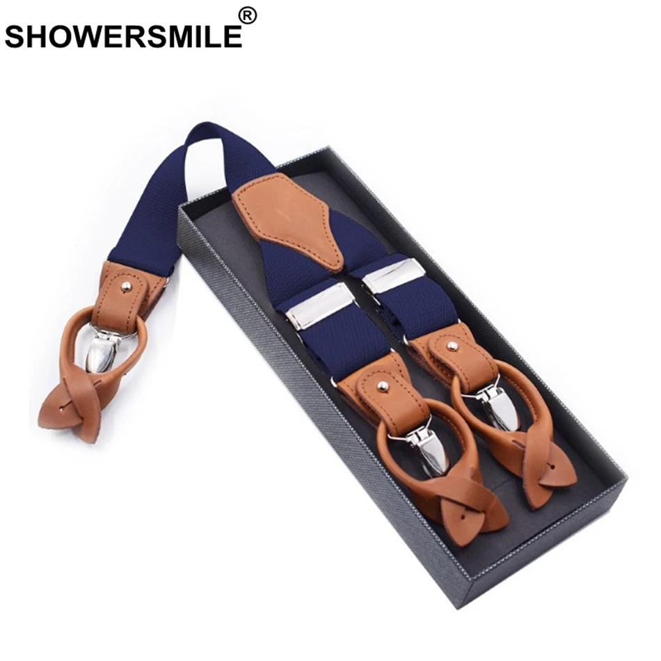 SHOWERSMILE мужские зажимы для подтяжек, однотонные красные подтяжки для рубашек, Кожаные эластичные мужские широкие подтяжки 3,5 см, цвета хаки, синий, черный, кофейный