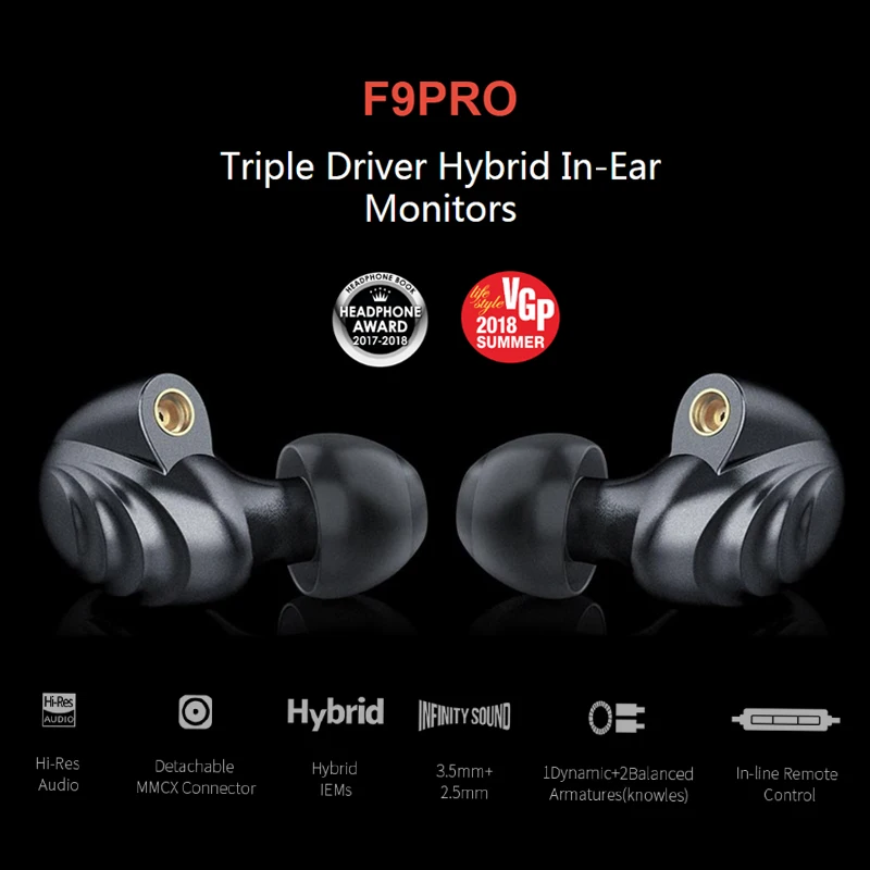 Наушники FiiO F9 Pro Triple Pilote Hybrid внутриканальные мониторы наушники с 1 синамиком и 2