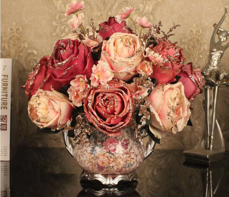 Европейский Смола ваза украшения ремесла украшения Моделирование Букет пионов, искусственный цветок дома гостиной в горшках поддельные цветы