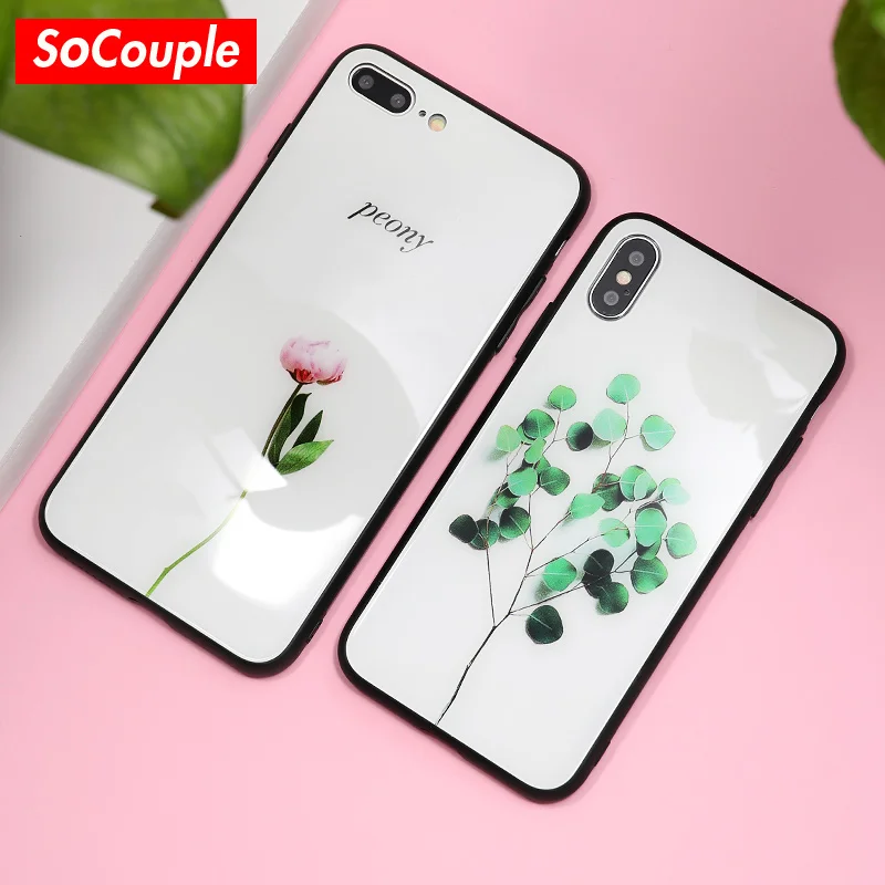 

SoCouple Rose Flower Tempered Glass Phone Case For iPhone 6 6S Plus Floral Back Case For iPhone X 8 7 Plus Leaf Hard Glass Cover