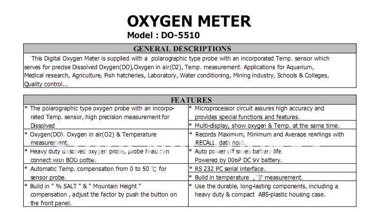 Растворенный Oxygen-0-20mg/L кислородный-0-100 темп.-0-50C кислородный метр до-5510