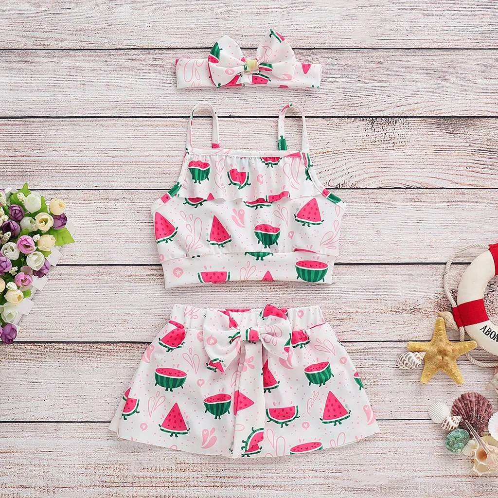 

Children Kids Girls Bikini Beach Suspender Tops+Skirt+Headbands Swimsuit Set toddler girl swimwear new kids kinder zwemkleding