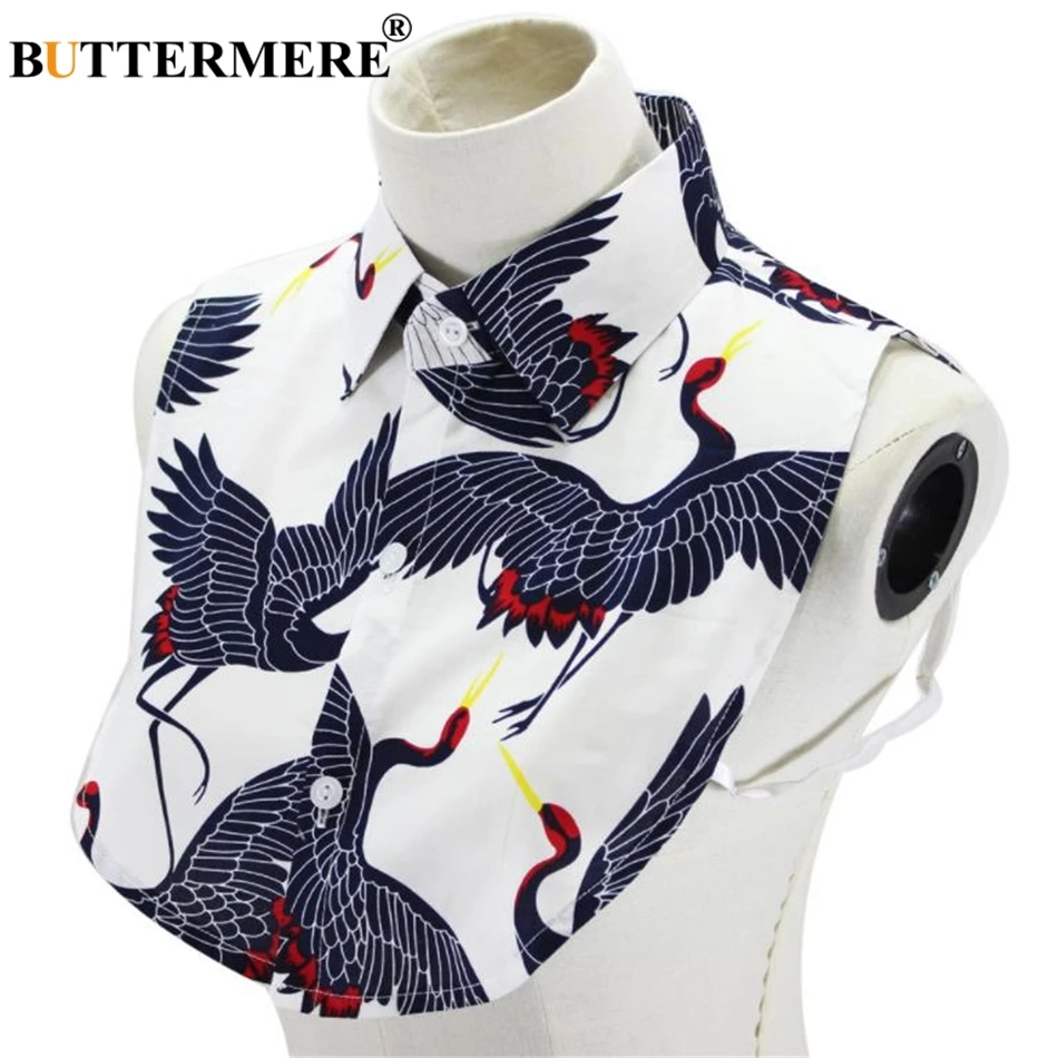 

BUTTERMERE Japanese Style Fake Collar Women Cotton Removable Collar Crane Print Vintage Female Detachable False Collar