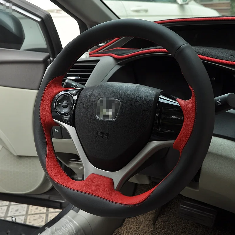 Ручная работа черный красный кожаный чехол на руль для Honda Civic 2012 2013 2014 автомобиль