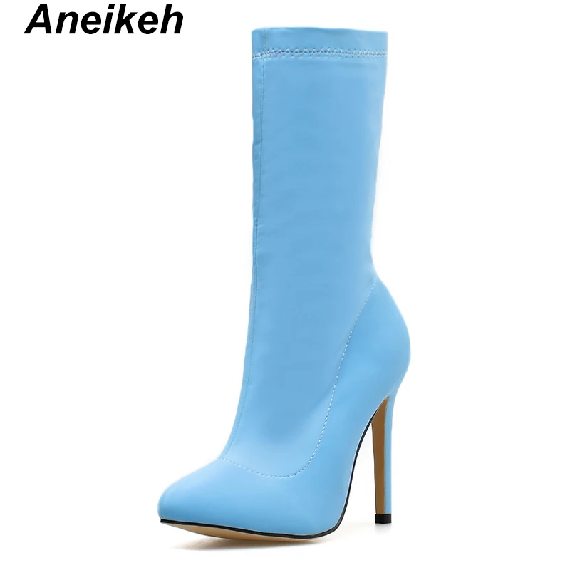 Aneikeh/ г. Прелестные женские ботинки из полиэстера ботинки до середины икры неглубокие Свадебные вечерние однотонные ботинки с острым носком на тонком каблуке желтого и синего цвета, размер 40 - Цвет: Blue