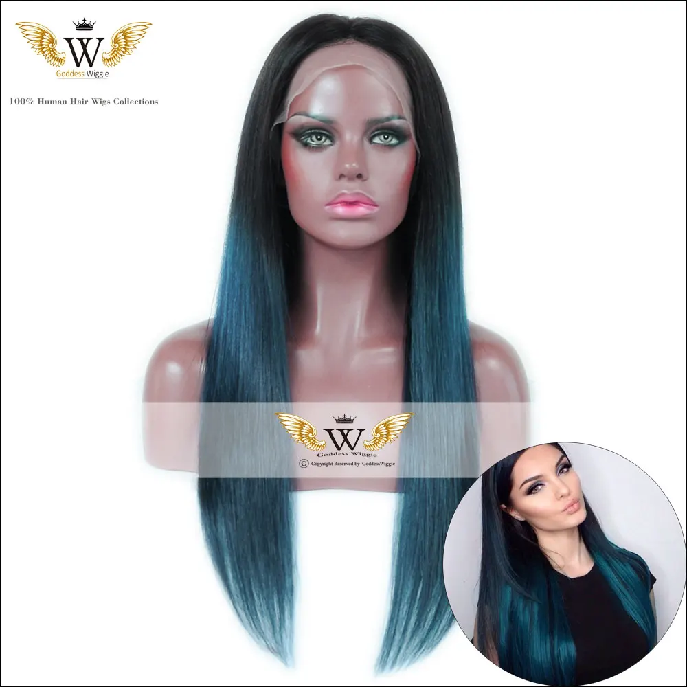 Ombre Blue Green Silky Straight Silk Base Human Hair Wigs Glueless 5*5