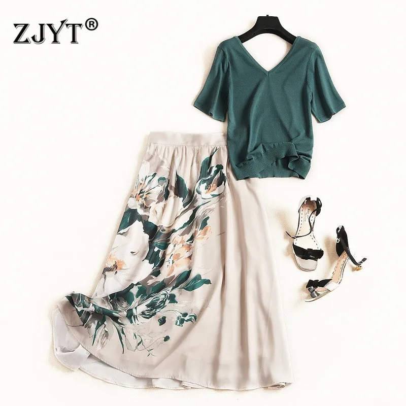 

2019 Summer Clothes for Women Fashion Designer Short Sleeve V Neck Knit Top and Floral Print Skirt Matching Set Casual Outfits