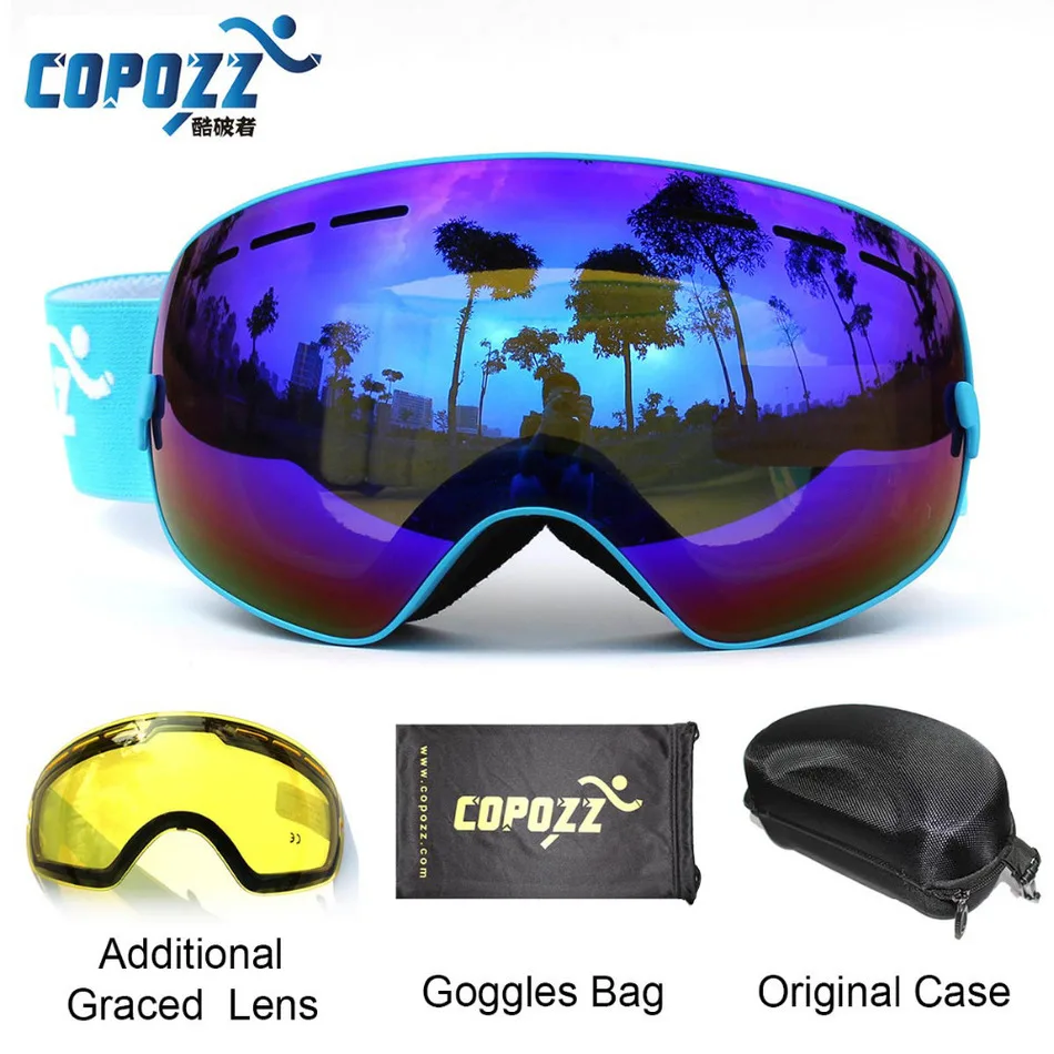 Image COPOZZ brand ski goggles 2 double lens UV400 anti fog spherical ski glasses skiing men women snow goggles GOG 201+Lens+Box Set