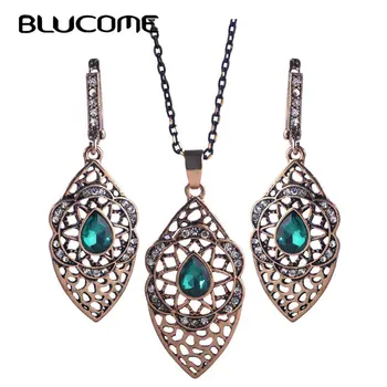 

Blucome Turkish Vintage Green Flower Necklace Earrings Resin Jewelry Sets Long Pendant Crystal Women's Lady Wedding Accessories
