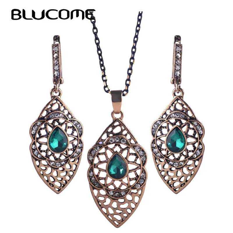 Женский винтажный комплект из колье и серёг Blucome зеленый смолы с длинным кулоном