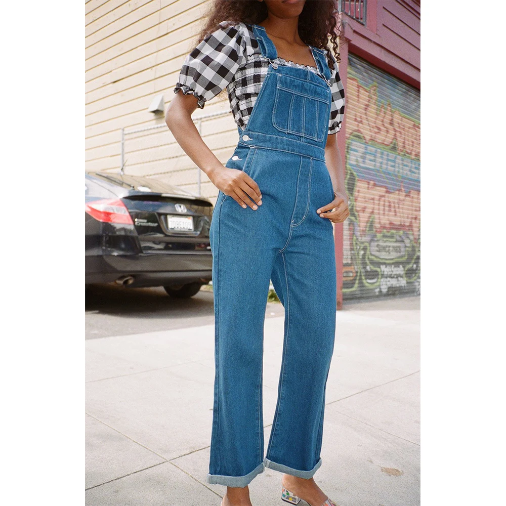 

Overalls Women Denim Blue Jeans Belted Pocket Button Jumpsuit Casual Women Slim Fit Romper modis Streetwear jean femme D40