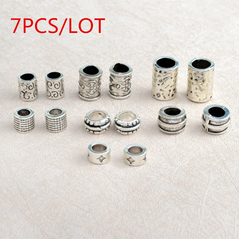 

7pcs/set Hollow metal Viking Beads for Hair Braid Beard silver Bending Rhinestone Tube Bead DIY Jewelry Accessories