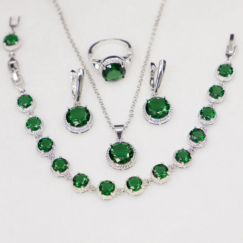 925 пробы серебряные свадебные ювелирные изделия зеленый циркон Ювелирные наборы для женщин серьги/кулон/ожерелье/кольца/браслет