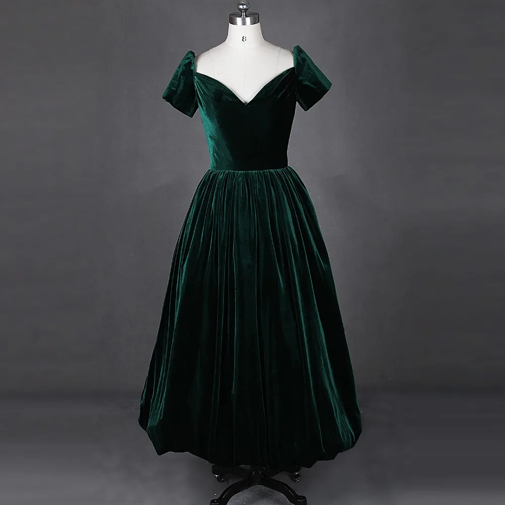 Real Sample Short Sleeve Ankle Length Dark Green Velvet font b Evening b font Party font