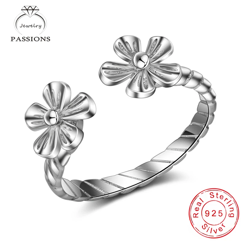 

Fashion Top Quality Silver Plate Rings Open Wide Adjustable Ideal Double Flower Rings For Women/Girl Jewelry Bague Rings