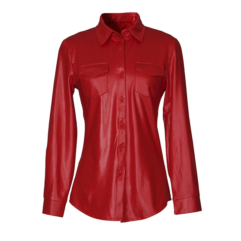 Kostlich Sexy Pu Leather Long Sleeve Blouse Women Shirts Fashion Spring Autumn Women Tops Black Red Ladies Blouses Casual Shirt (22)