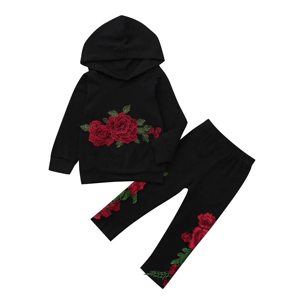 Цветочный принт с розой для маленьких мальчиков и девочек, толстовка+ штаны, одежда - Цвет: Black