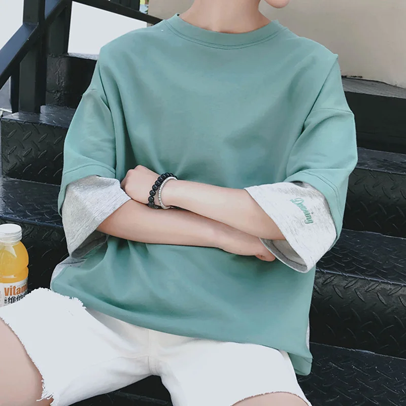

Korean version of the youth fake two-piece five-point sleeve T-shirt thin loose sweater