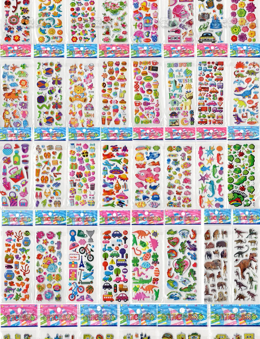 

100 pcs 3D Cartoon Puffy Sticker Children Bubble Stickers no Repeat with Fruit Cars Animals Flowers for Kindergarten Reward