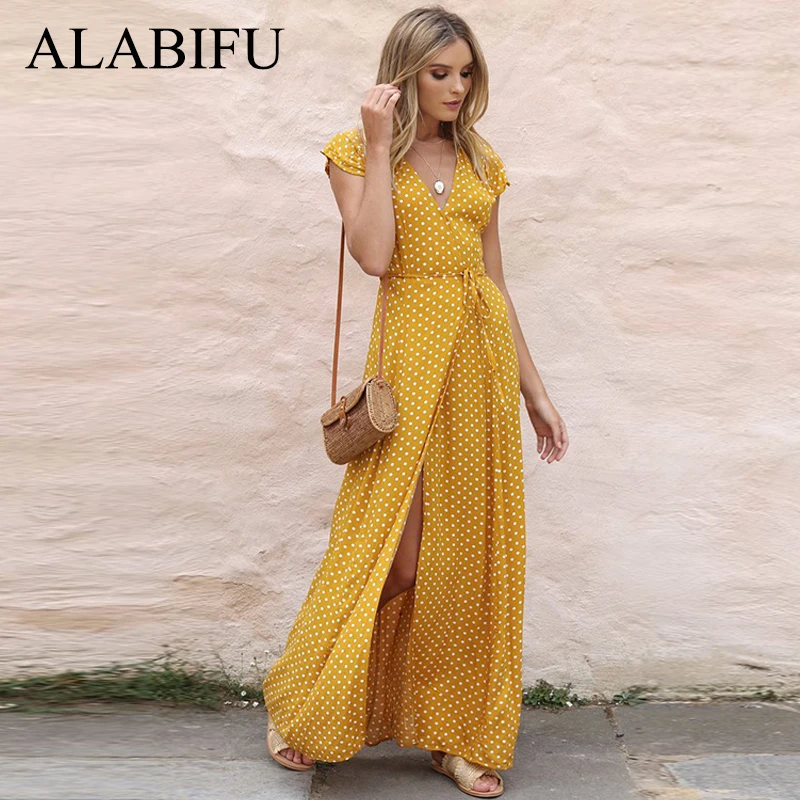 

ALABIFU Women Spring Summer Dress 2019 Vintage Casual Short Sleeve Beach Dress Sexy Split Long Party Dress Maxi Vestidos ukraine