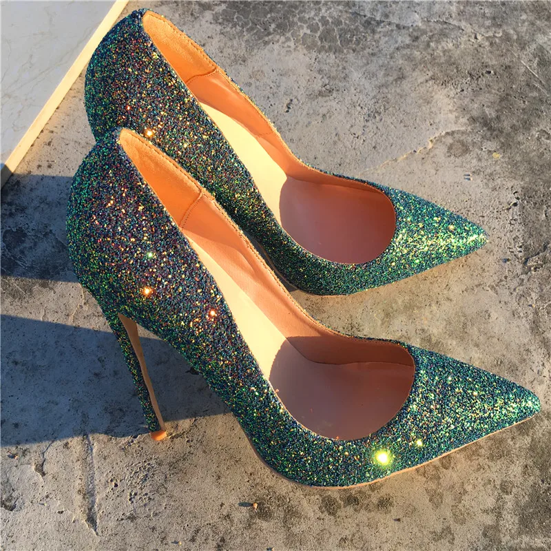 Брендовые модные элегантные тонкие туфли темно-зеленого цвета с острым носком на высоком каблуке с изысканными пайетками, женские вечерние туфли на высоком каблуке 12 см