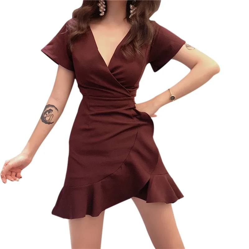 

Hot 2019 Fashion Women V collar irregular flounces dress waist was thin Solid beach holiday dresses female