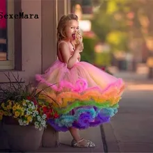 Пирог с радугой Платье для маленьких девочек Малый блеск для девочки Пышное Платье С Рюшами пышные Детские 1st платье на день рождения, Детские вечерние Одежда для выпускного