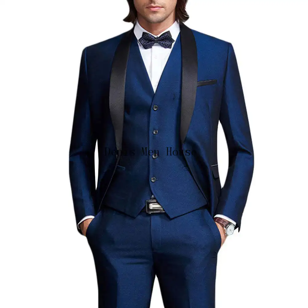 as picture Темно-синий Официальный Мужской костюм Slim Fit Мужские костюмы индивидуальный пошив жених смокинг-пиджак для свадьбы пиджак для выпускного брюки с жилетом 3 шт - Цвет: as picture