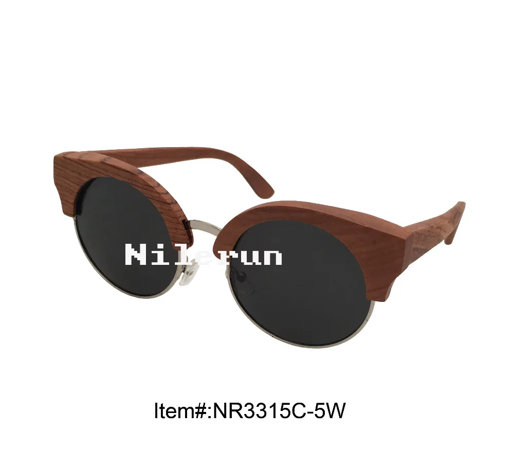 

round silver metal red wood frame sunglasses