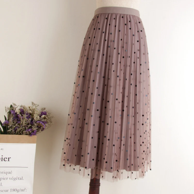 TIGENA Reversible Tulle Velvet Skirt Women Fashion 2019 Spring Elegant Polka Dot Long Skirt Female High Waist Pleated Midi Skirt