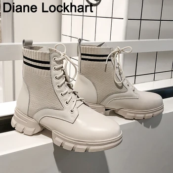 

Autumn Winter New Genuine Leather Shoes Women Platform Boots Fashion Keep warm bota feminina Brand Lace-up Combat Ankle Botas