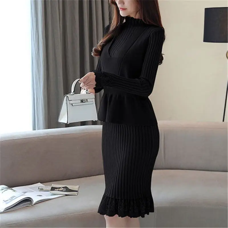 

2019 Women Spring Autumn Women Pollover Sweater Shirt+Sweet Lace Patchwork Knit Sweater Straigth Dress Suit Female Slim Set Z334