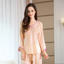 Женская Шелковая Весенняя пижама с длинным рукавом, комплект из 2 предметов, шелковая пижама с вышивкой, женская пижама для леди, пижамные комплекты, новинка