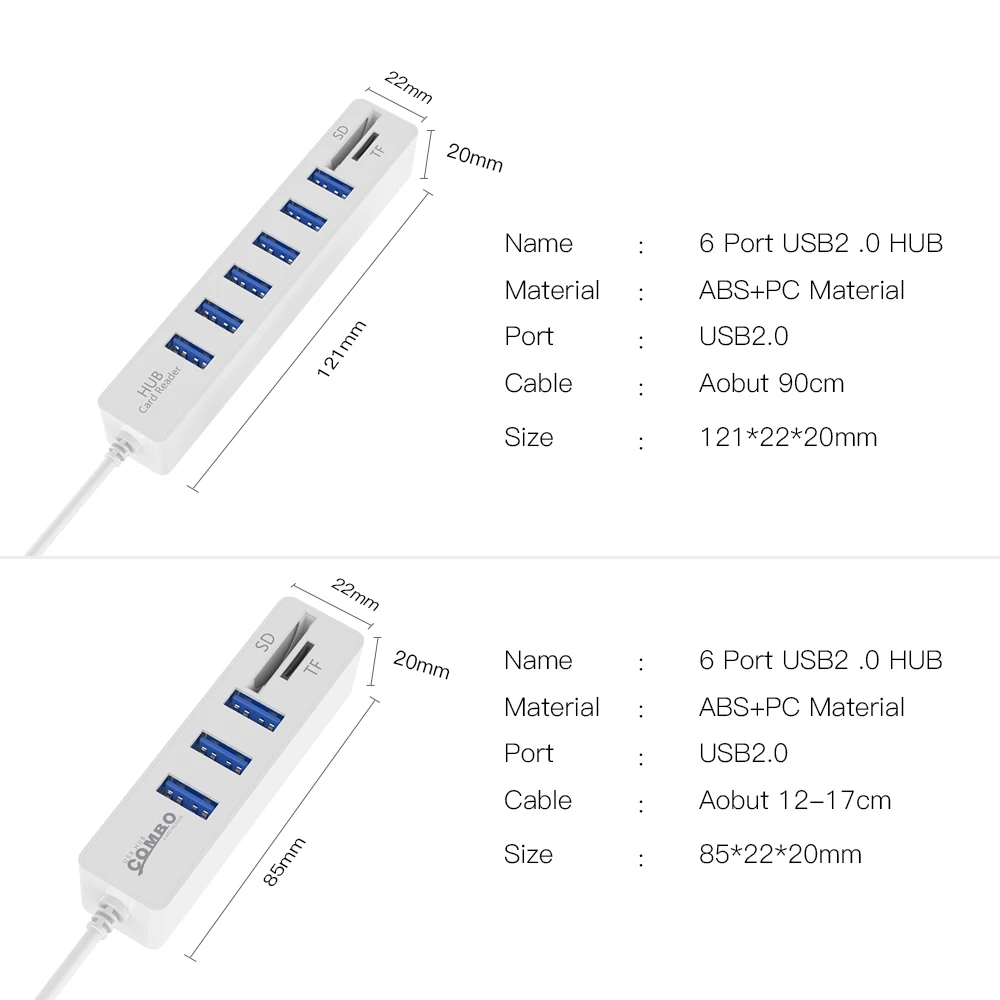 6 портов USB 2,0 HUBCombo Micro Card Reader SD/TF высокоскоростной Мульти USB разветвитель концентратор комбо все в одном для ПК Laptotop компьютер OTG