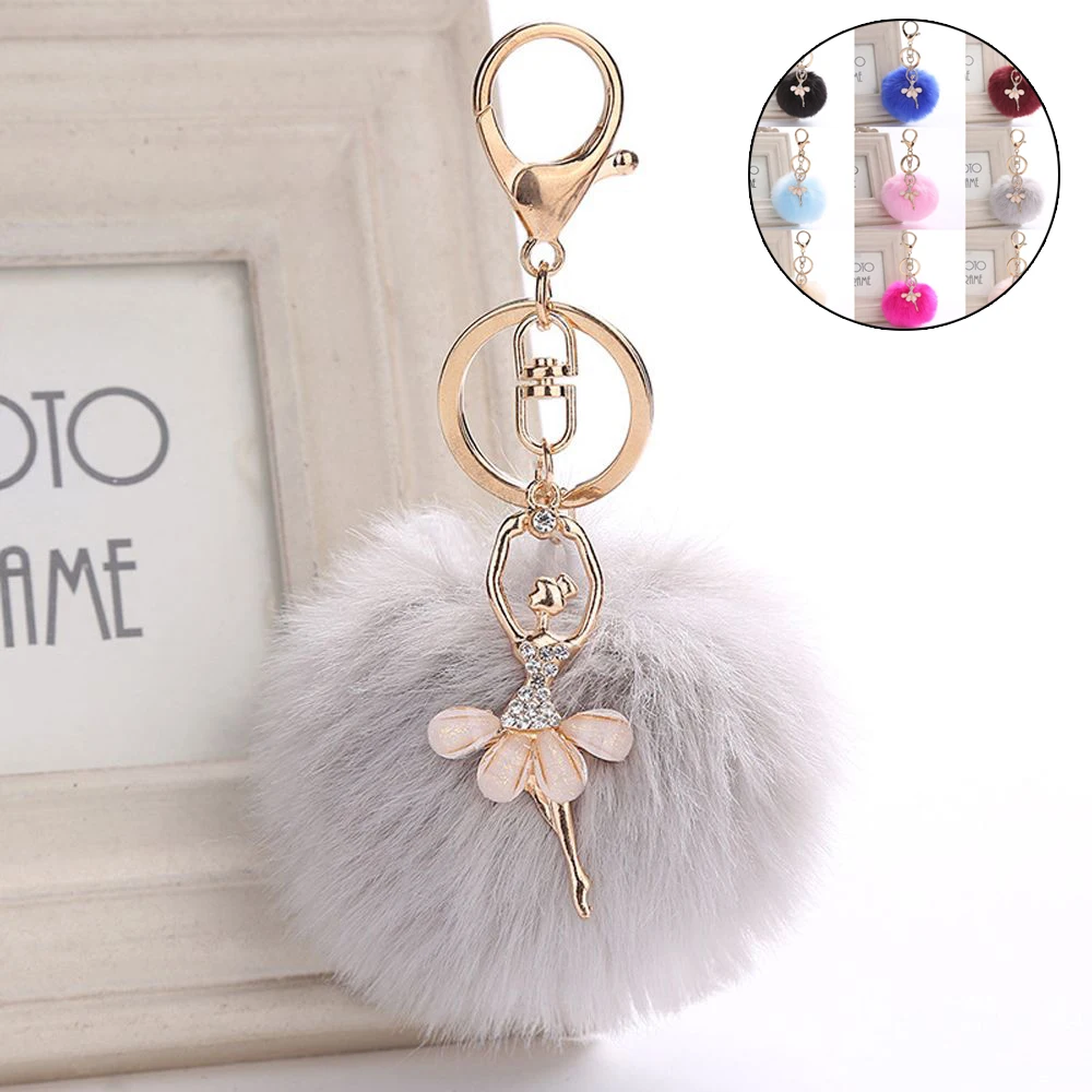 

1PC Dancing Angel Fluffy Puff Ball Pendants Key Chain Crystal Ballet Girl with Pompom Keychains Golden Car Styling Bag Jewelry