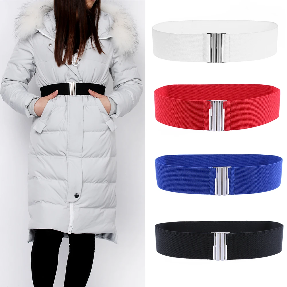 

1PC Fashion Women Silver Buckle Wide Belts Female Solid Color Stretch Elastic Corset Waistband Ladies PU Leather Belts