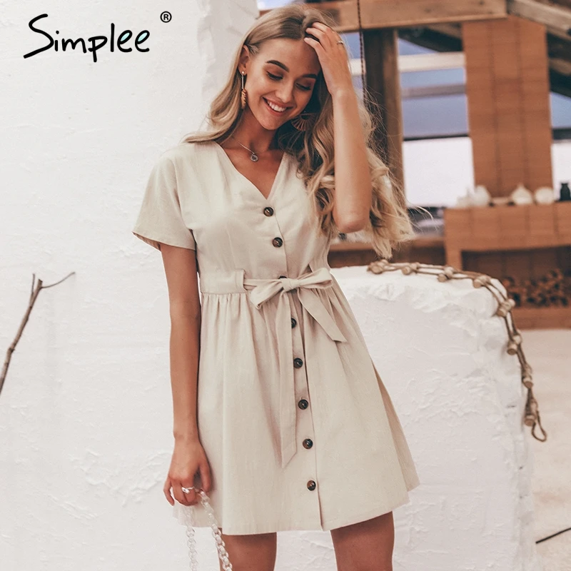 Online Simplee Vintage button camicia di vestito delle donne con scollo a V manica corta in cotone di lino breve estate abiti Casual coreano abiti 2019 festa