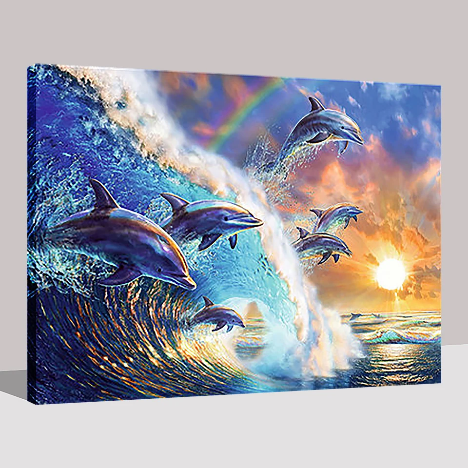 Дельфин Закат DIY картина по номерам Рисование морской волны морской пейзаж Масляные картины стены Искусство раскраска расписанная вручную на холсте домашний декор